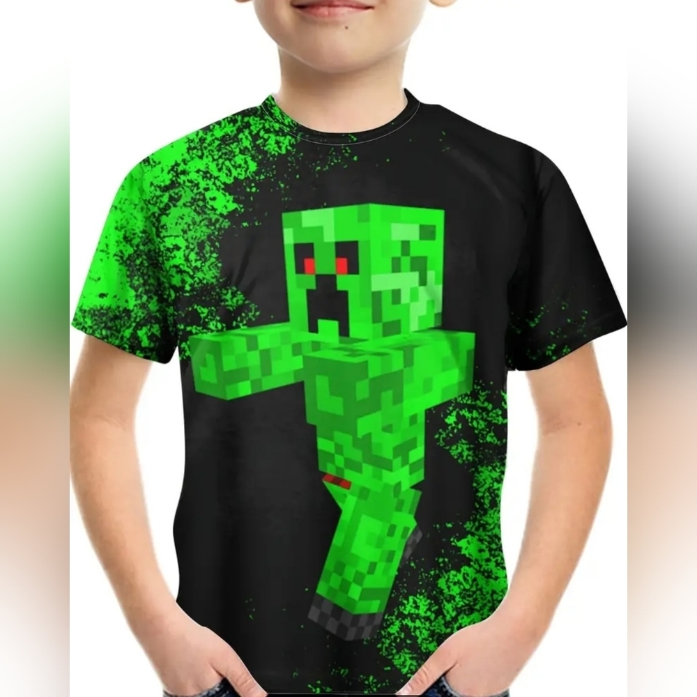 Boy's Monster Block Graphic T-shirt, Casual Slightly Stretch Breathable Tshirt